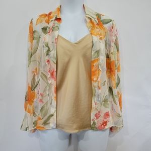 Talbots long-sleeved floral blouse and silk cami sz 14